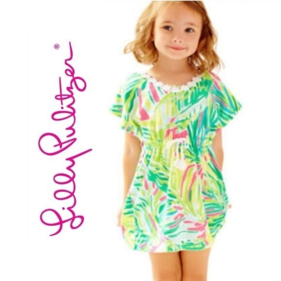 Lilly Pulitzer Girls Terrycloth Swim Cover Up Green Pink Tiki Dress Size S (4-5) - Picture 1 of 10
